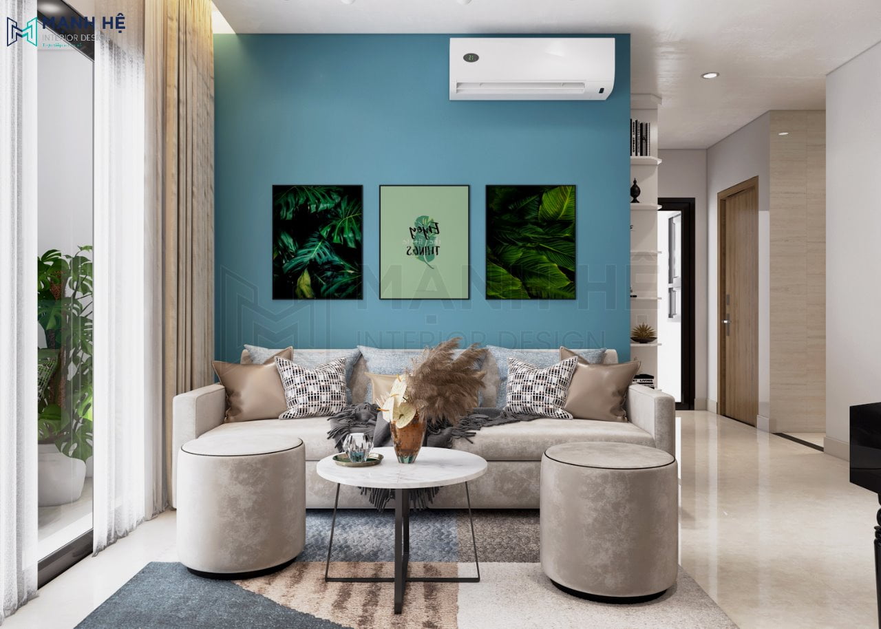 Thiết kế nội thất phòng khách màu xanh