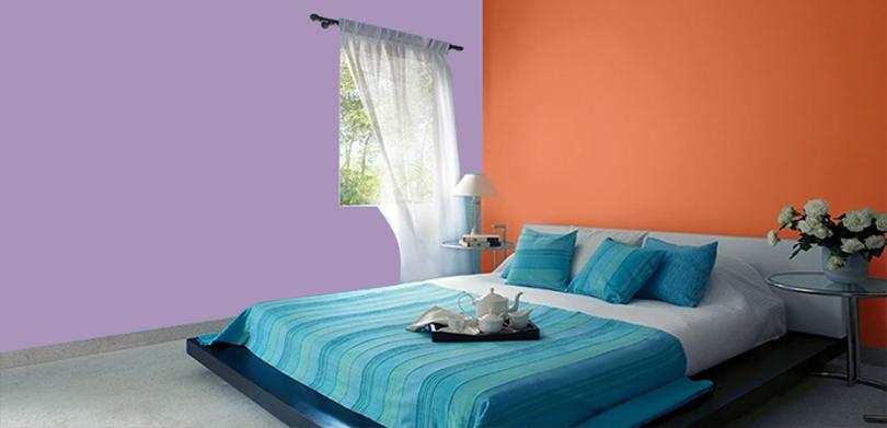 Kết hợp hai màu cam tím cho tường phòng ngủ