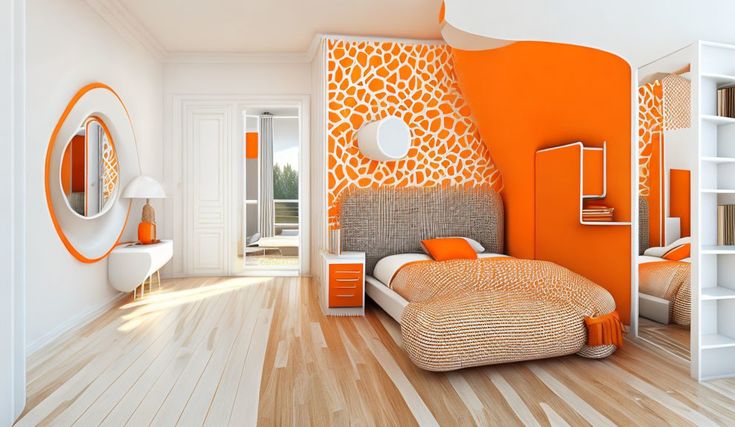 Sự kết hợp sơn hai màu cam cho tường phòng ngủ.
