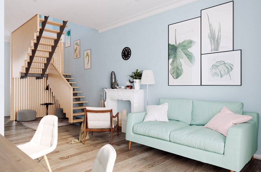 Sơn tường màu xanh pastel cho phòng khách hiện đại và tươi mới