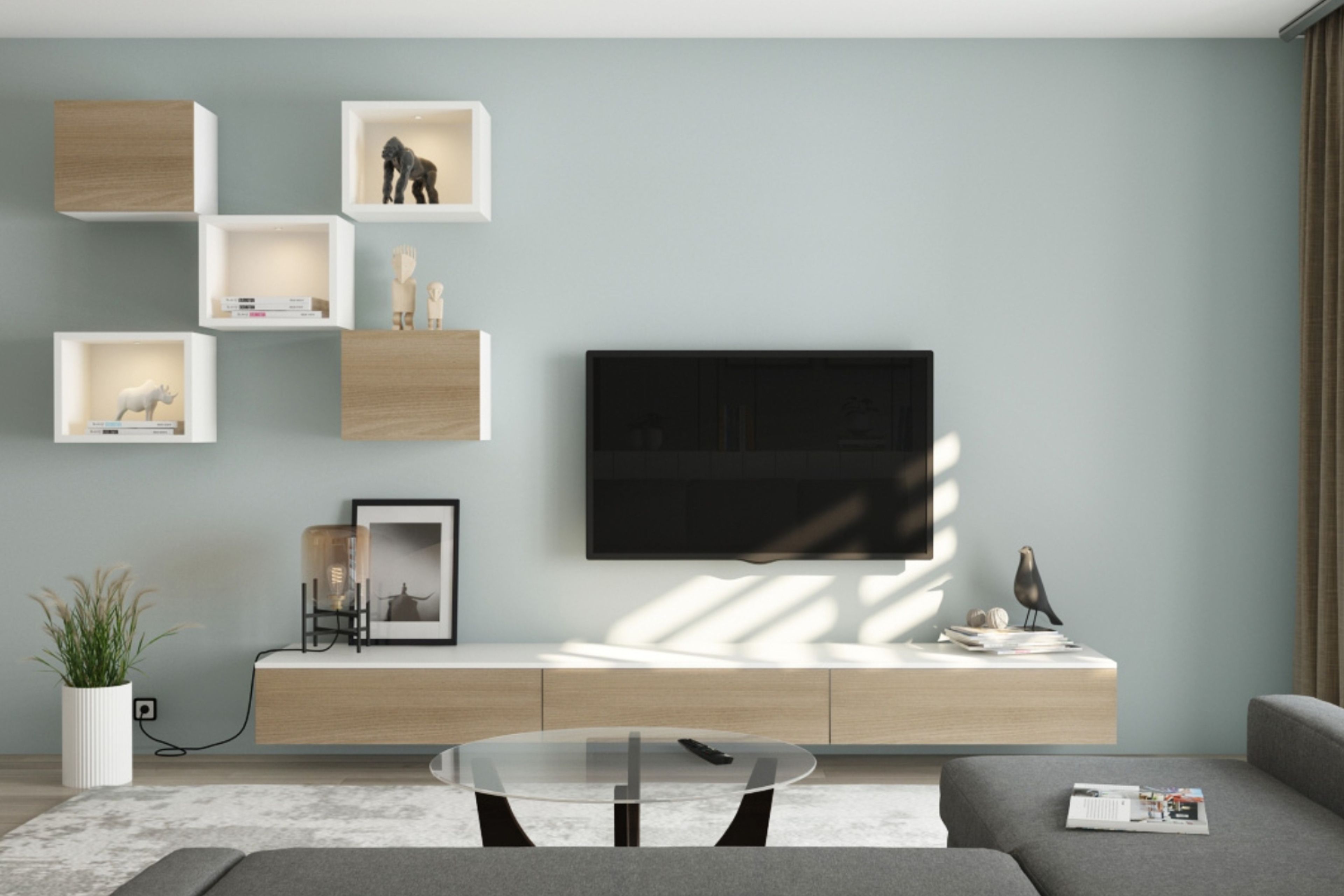 Sơn tường màu xanh pastel cho phòng khách hiện đại và tươi mới