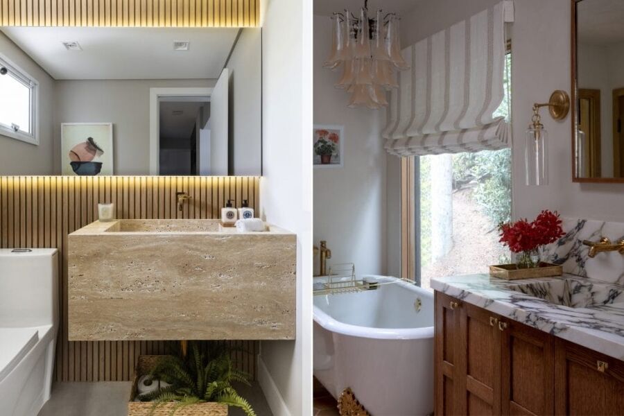 Bathroom trends 2026 in stylish bathrooms by Decorilla designers, Gabriela L .(Left) and Karly M. (right)